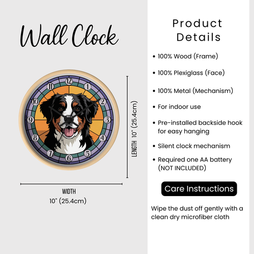 Wall clock with dog illustration and product details on a white background