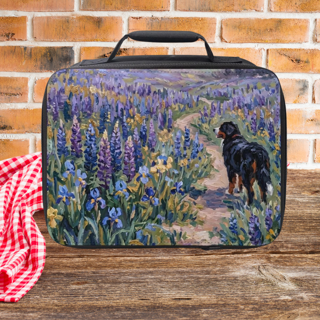 Lunch bag with a painting design of a Bernese mountain dog and flowers on a wooden picnic table and brick wall background