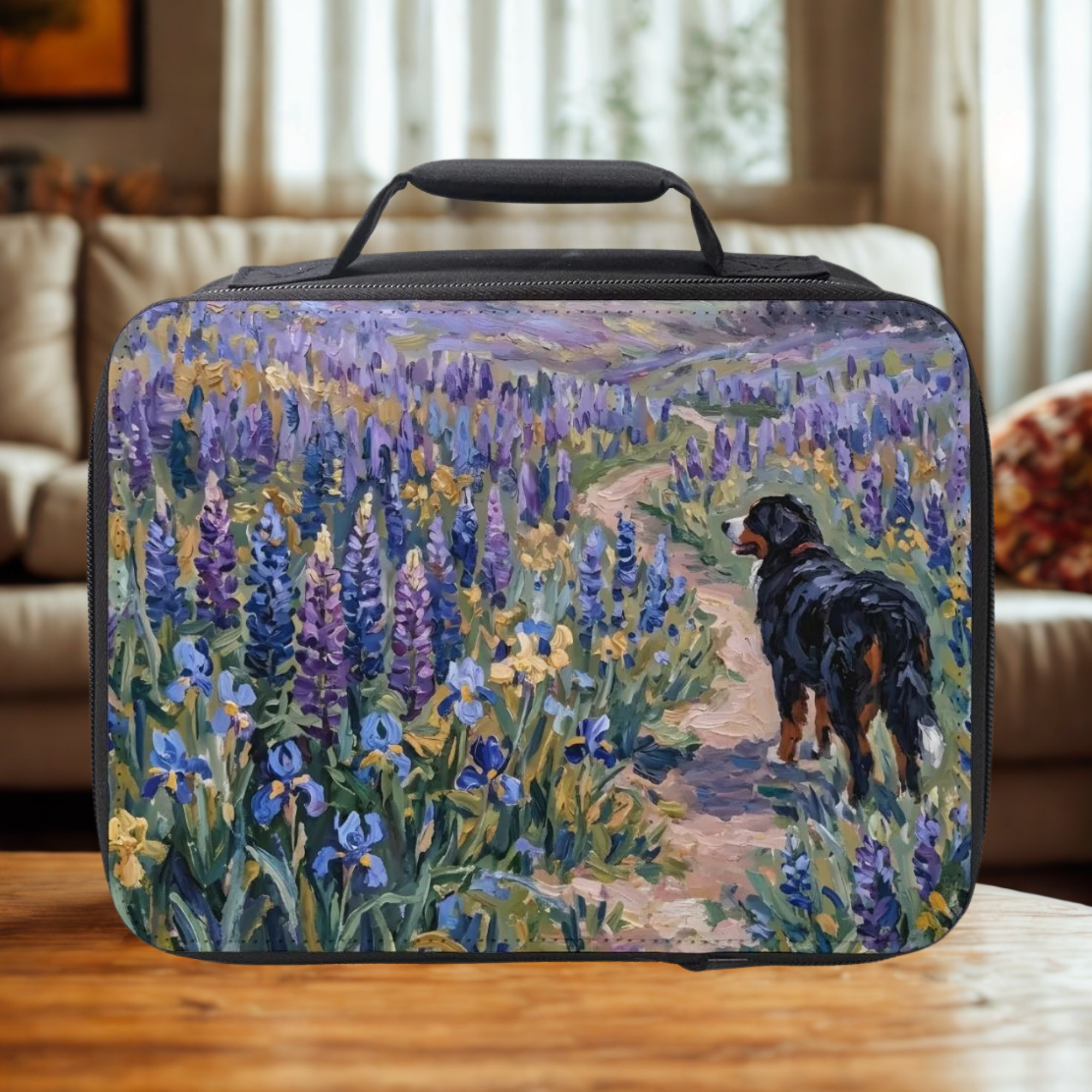 Rectangular lunch bag with a painting of a dog walking through flowers on a wooden table.