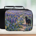 Insulated lunch bag with a Bernese mountain dog and floral design on a white background