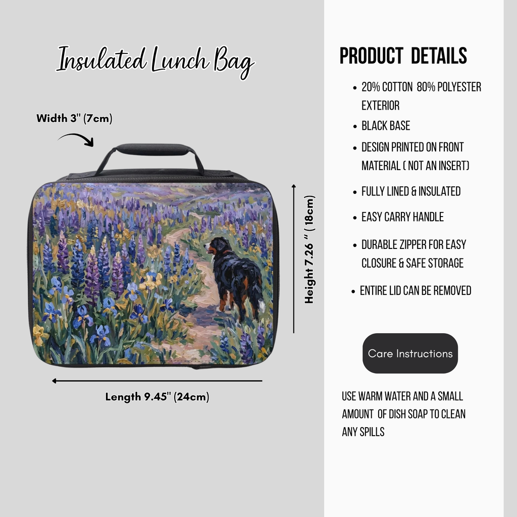 Insulated lunch bag with dog and floral design, featuring product details on a gray background.