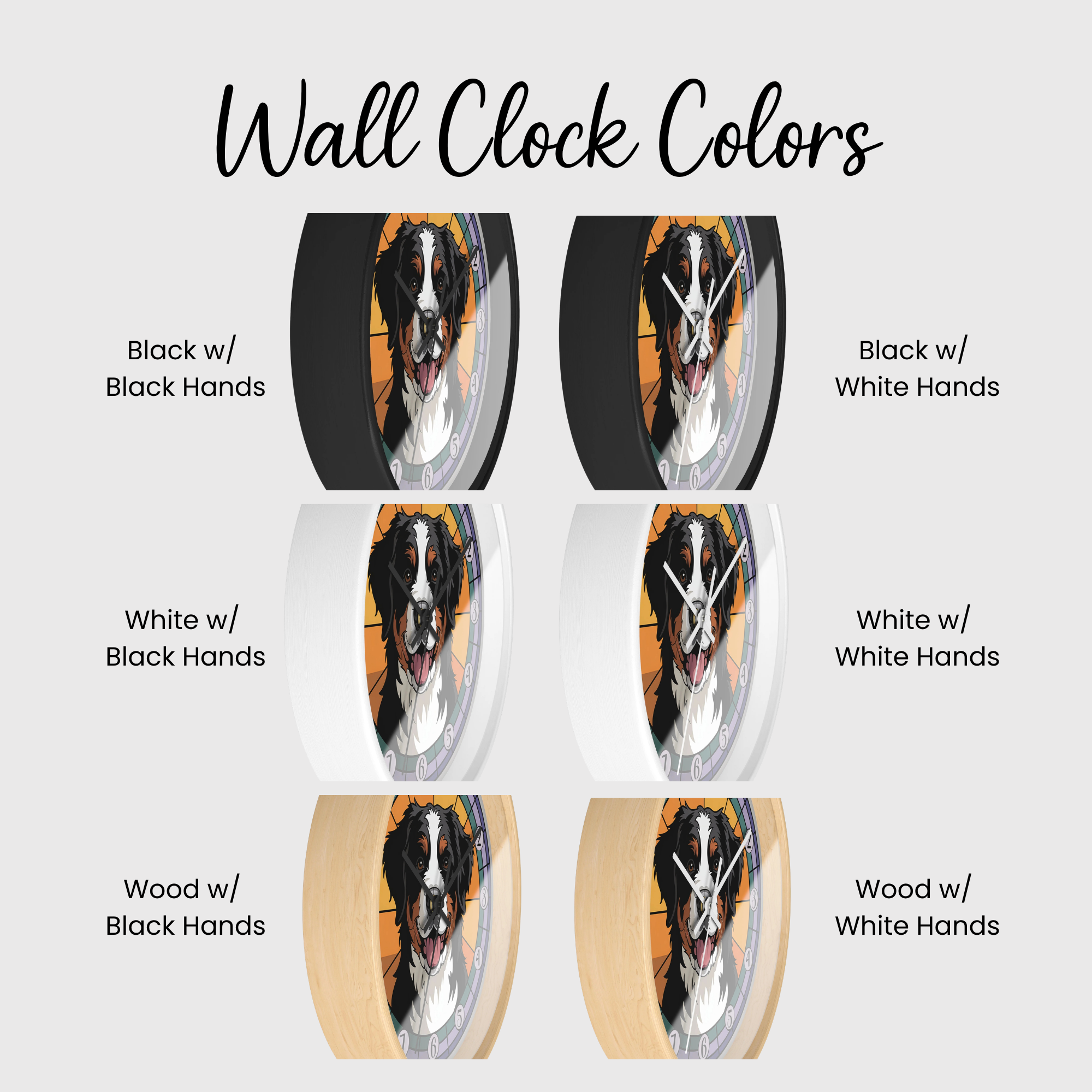 Wall clock color options with dog design on a white background