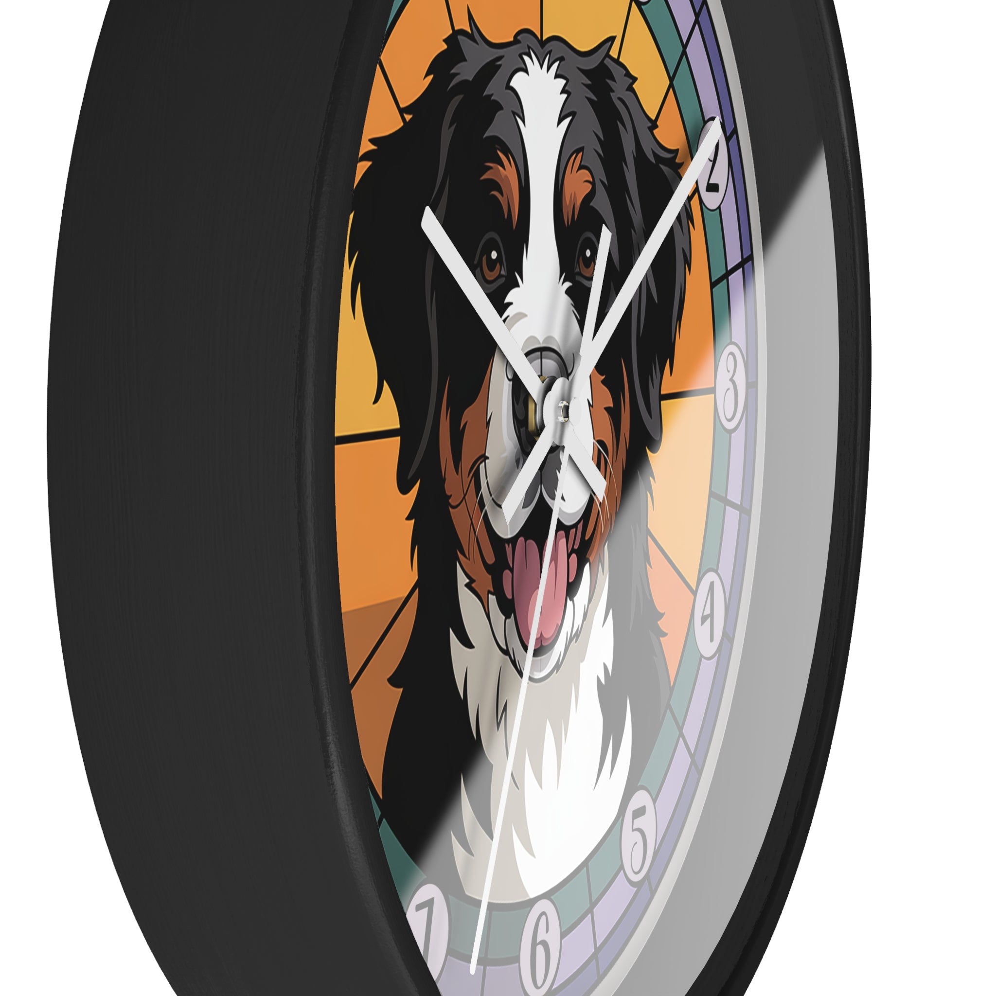 Wall clock with a Bernese Mountain dog illustration on a colorful background