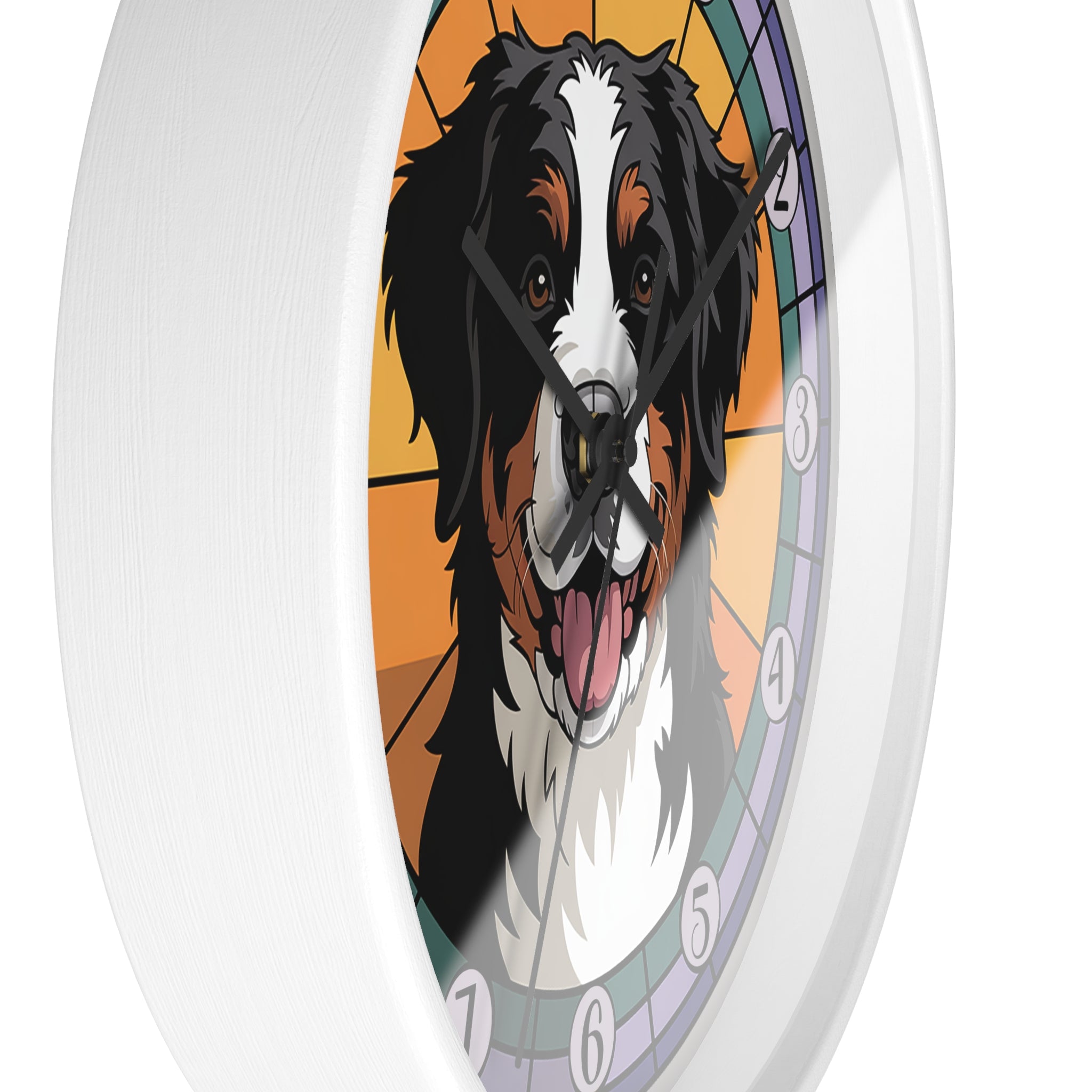 Wall clock with a dog's face design on an orange background