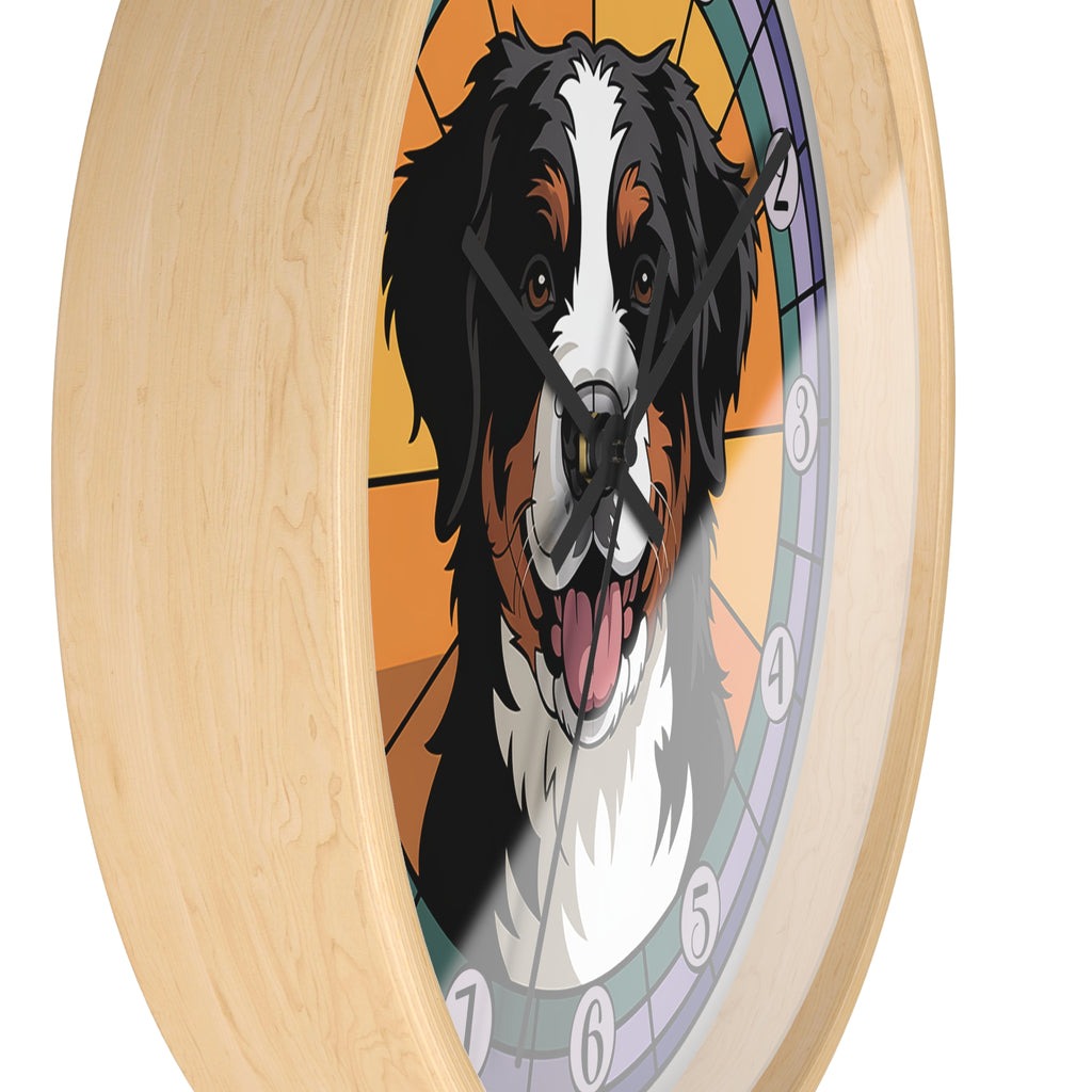 Wall clock with a Bernese Mountain dog illustration on a colorful background