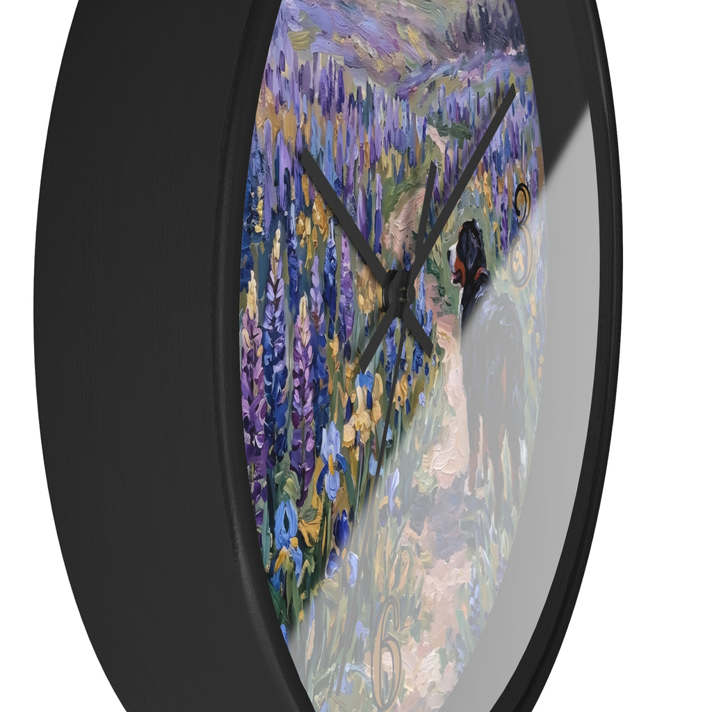 Wall clock with artistic design of a Bernese mountain dog on a path through flowers