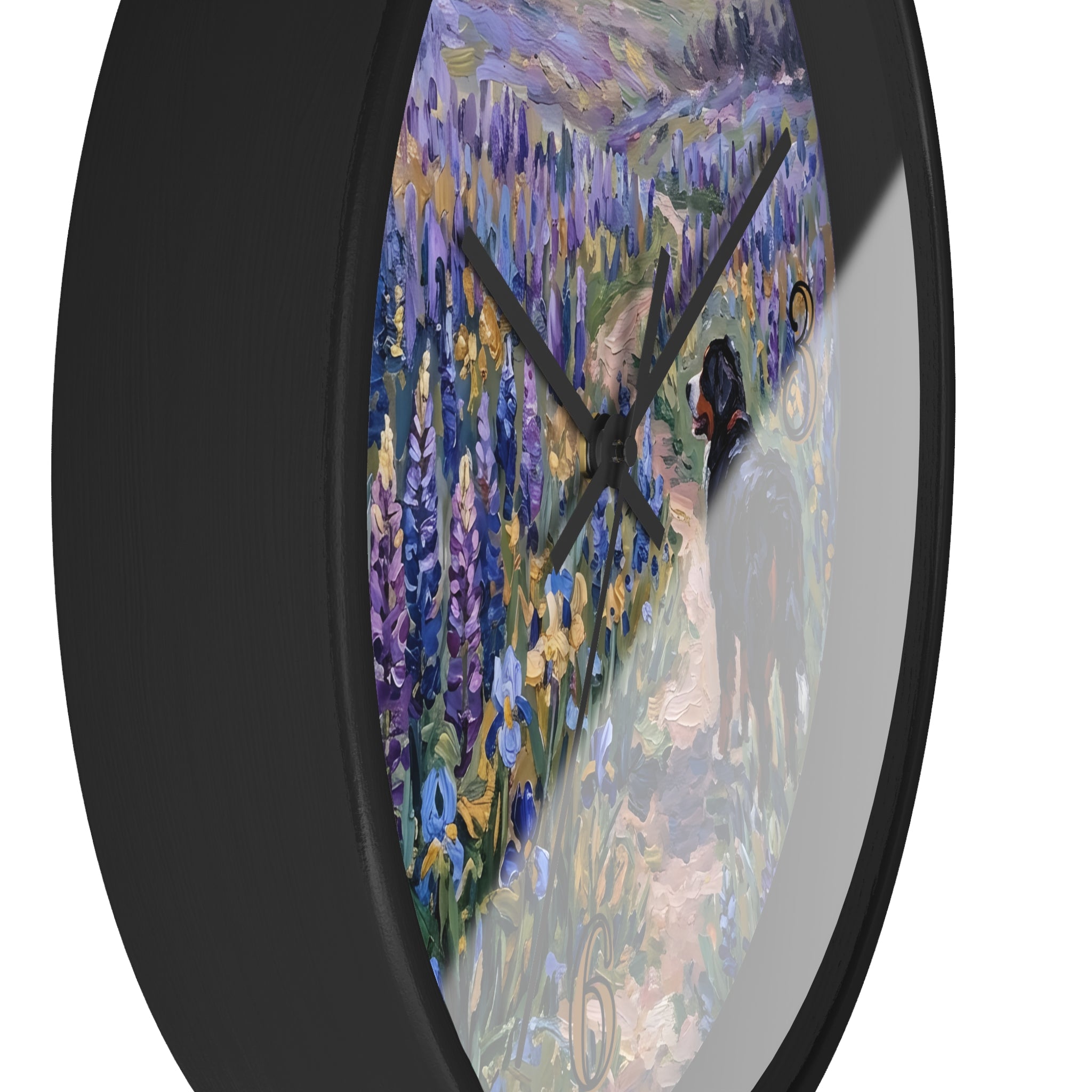 Wall clock with artistic design of a Bernese mountain dog on a path through flowers