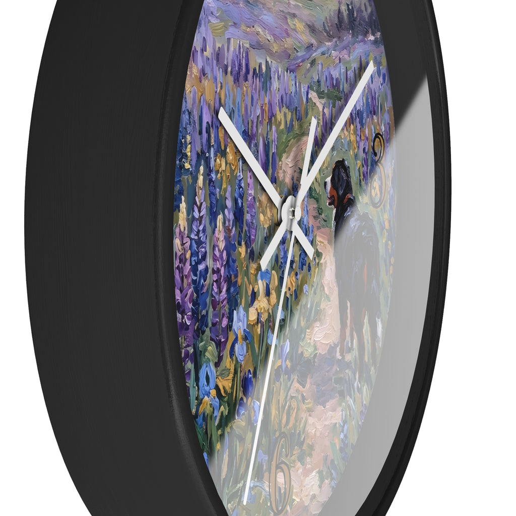 Wall clock with artistic design of a Bernese mountain dog walking through a colorful landscape.