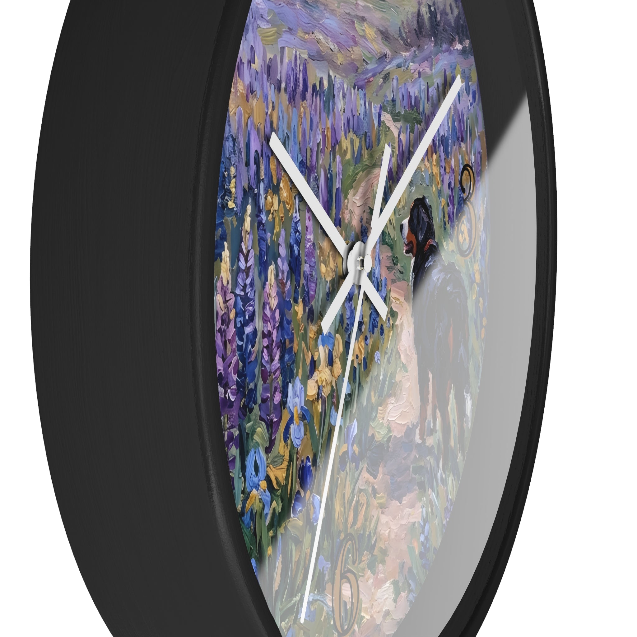 Wall clock with artistic design of a Bernese mountain dog walking through a colorful landscape.