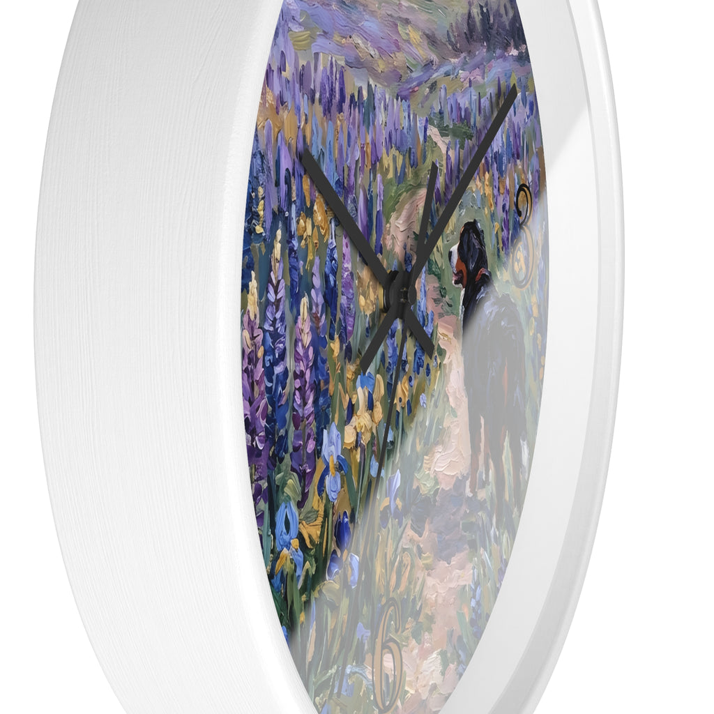 Side view of a white wall clock with artistic design of a dog walking through a field of purple and gold flowers