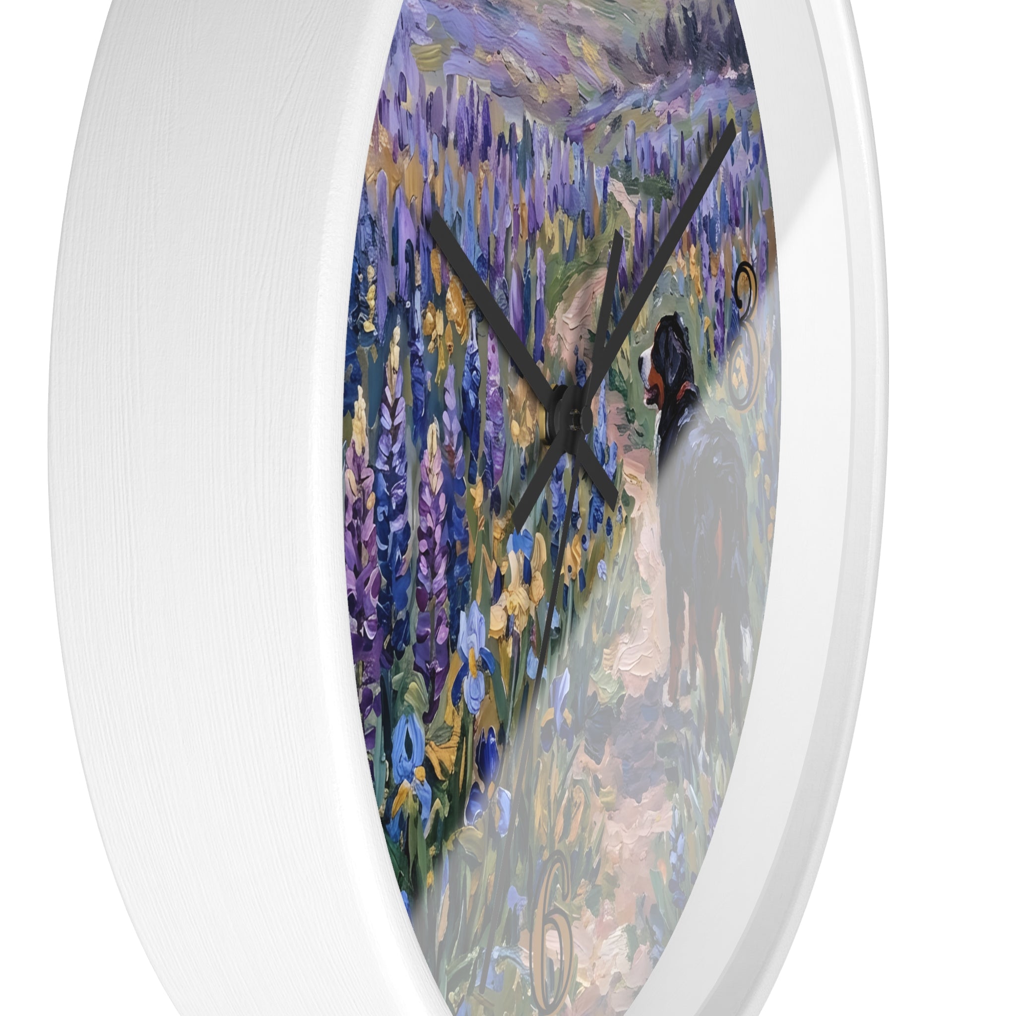 Side view of a white wall clock with artistic design of a dog walking through a field of purple and gold flowers