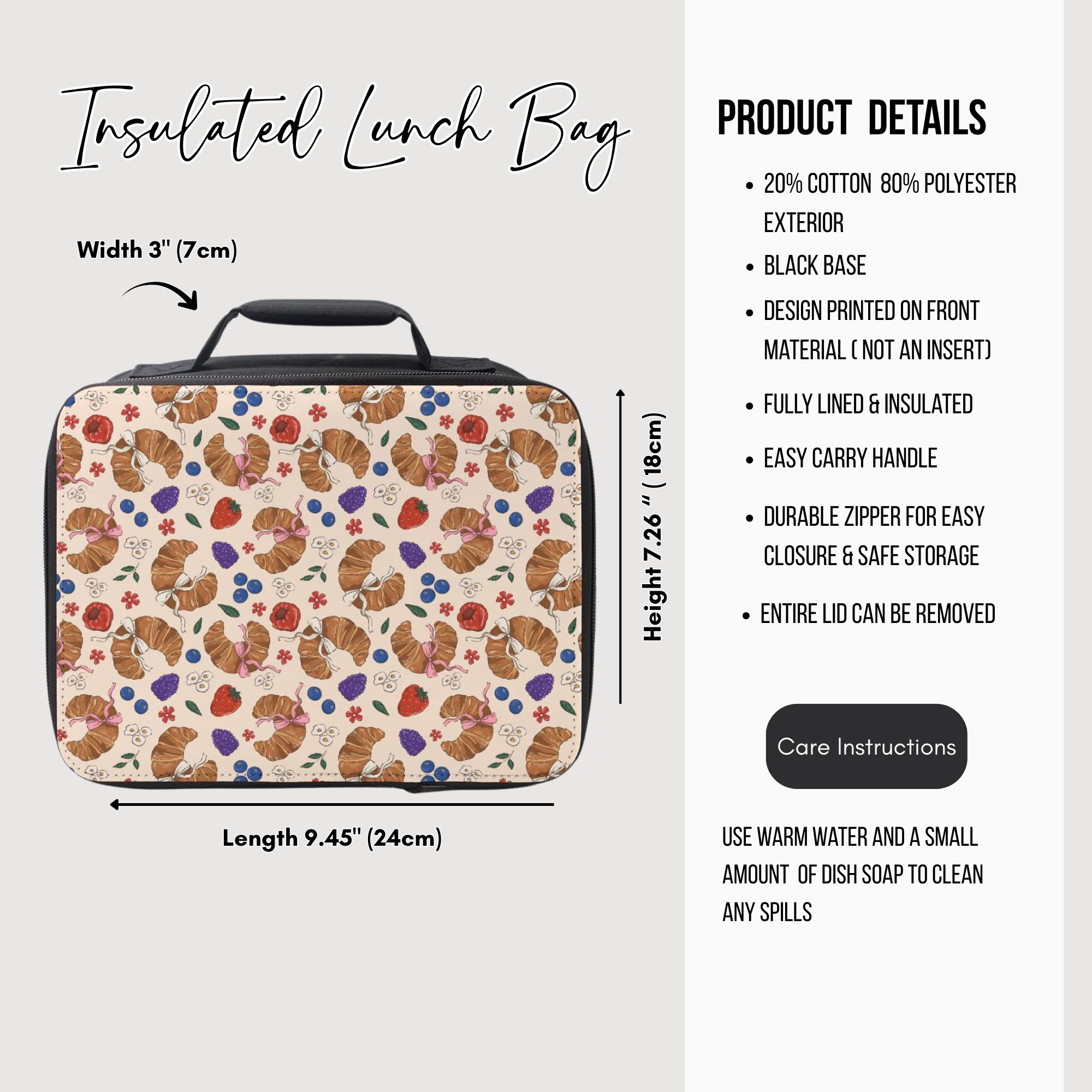 Insulated lunch bag with fruit pattern and product details on a white background