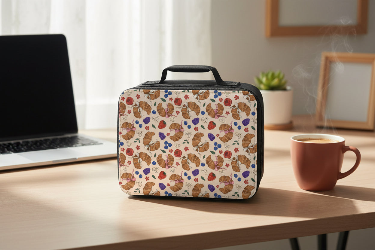 Lunch  bag with a croissant and fruit pattern on a beige background