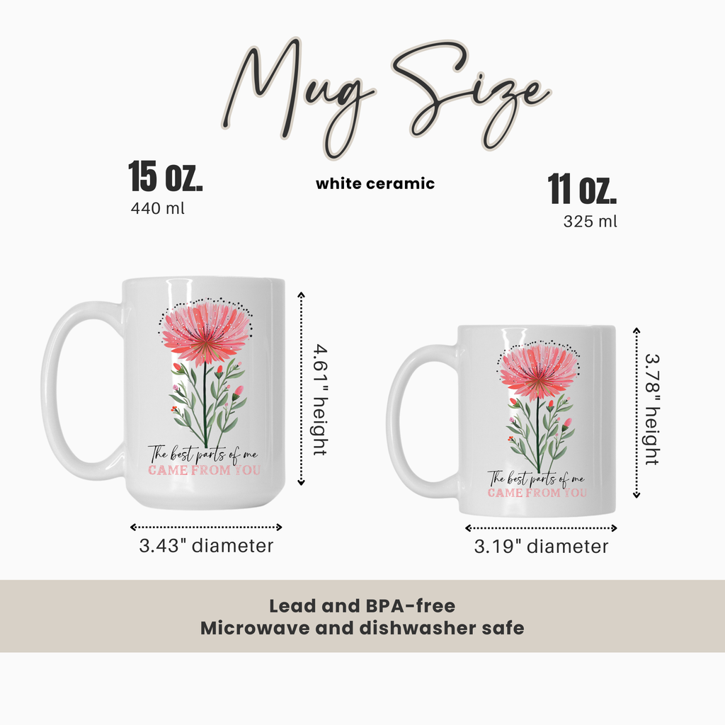 15oz & 11oz mugs with floral designs and text, showing size comparison and measurements.