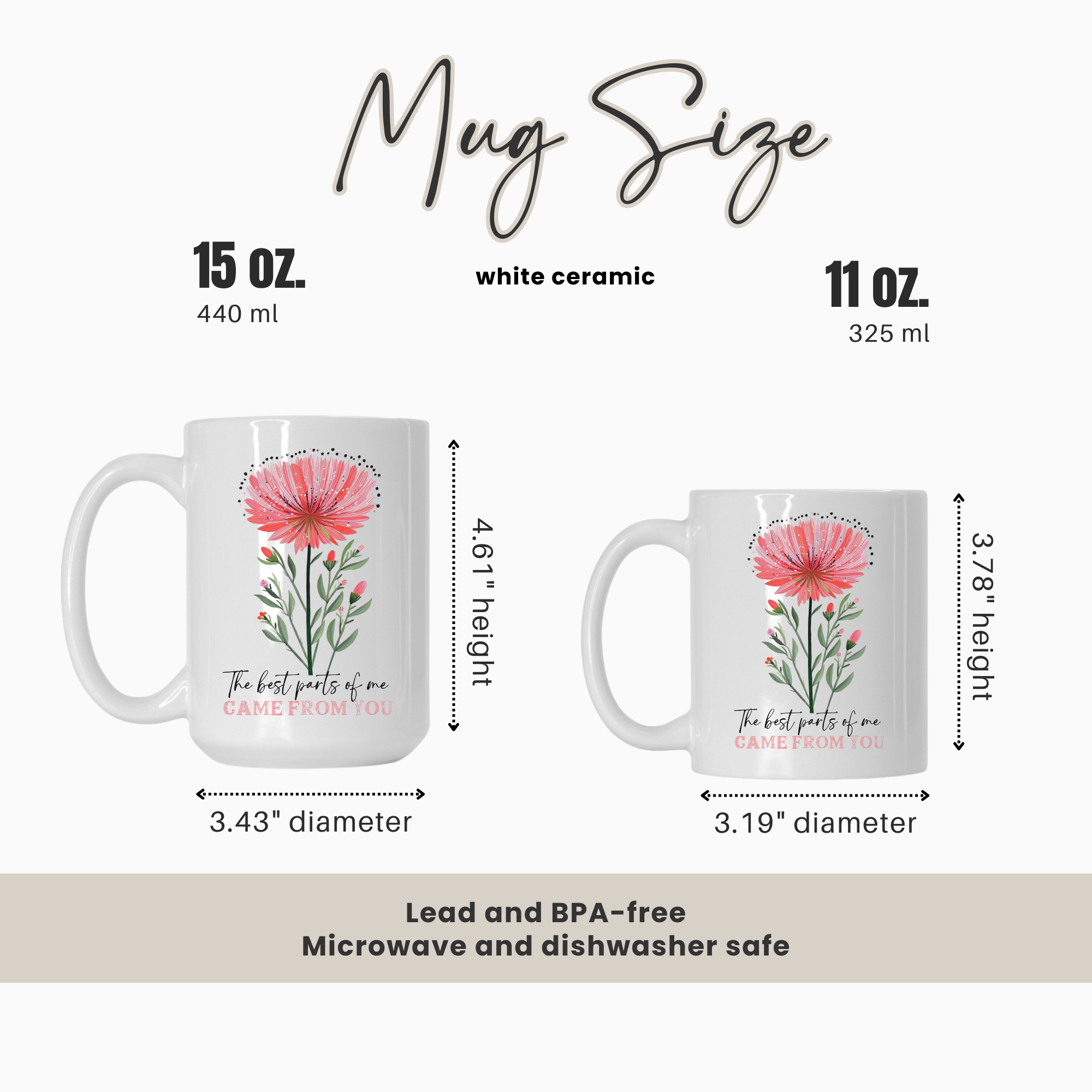 15oz & 11oz mugs with floral designs and text, showing size comparison and measurements.