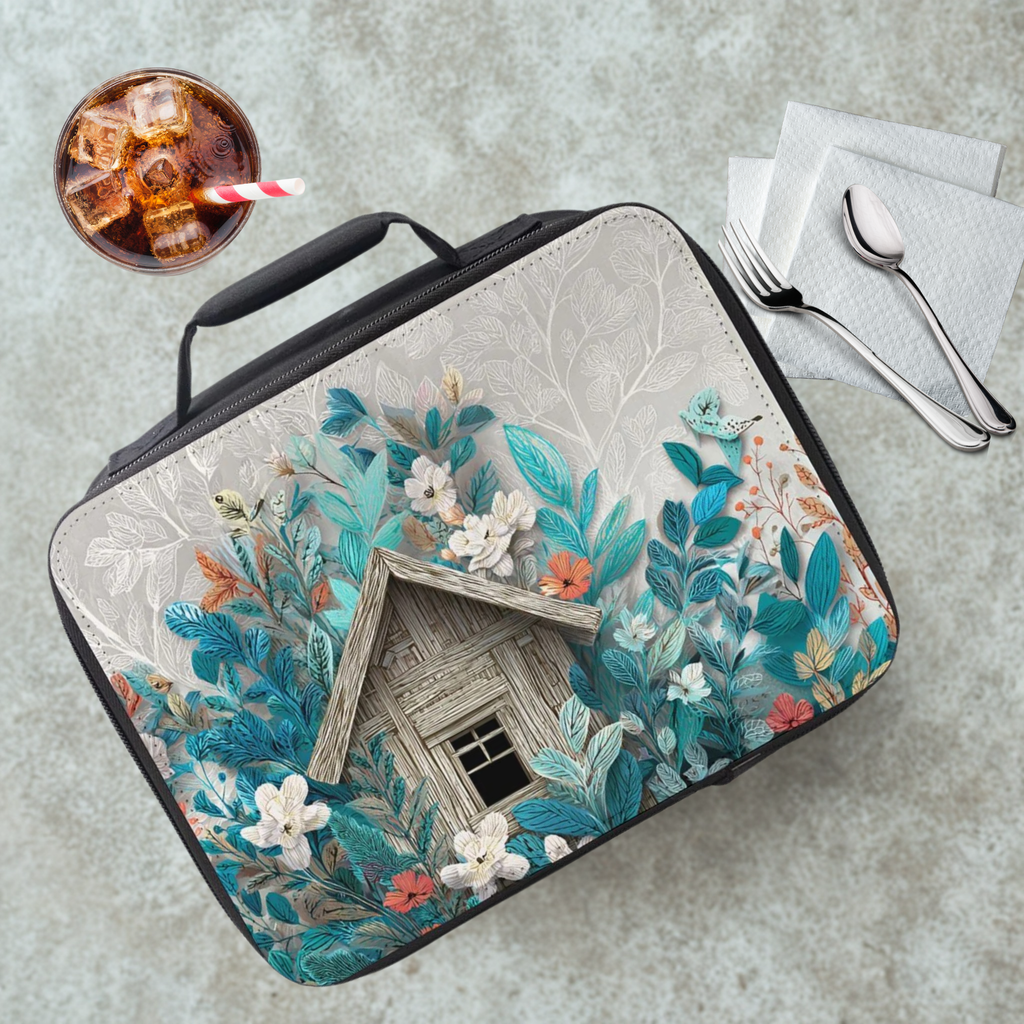 Lunch bag with floral and cabin design on a cafeteria table with a drink and utensils.