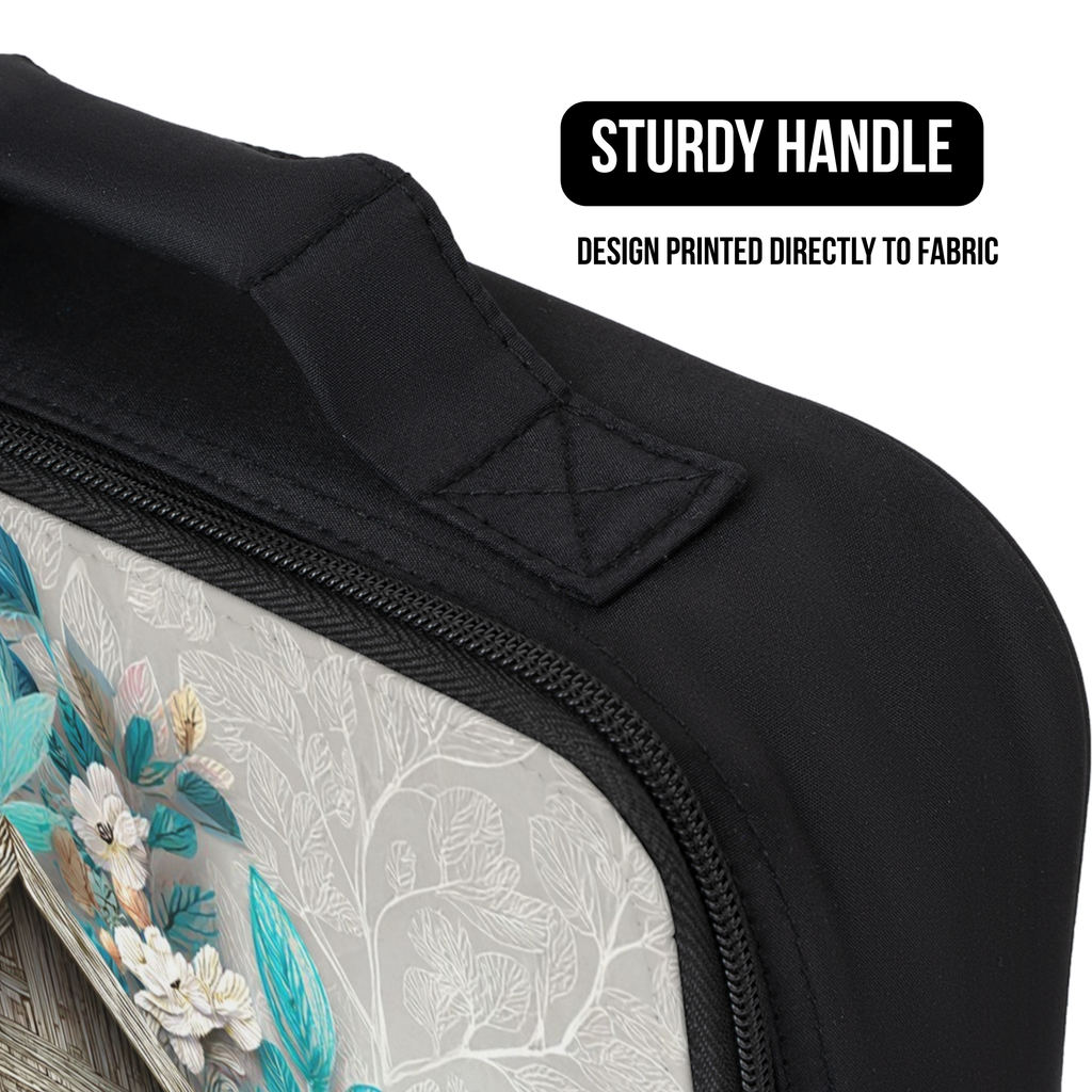 Black lunch bag with floral bird house design and text about a sturdy handle and printed fabric.