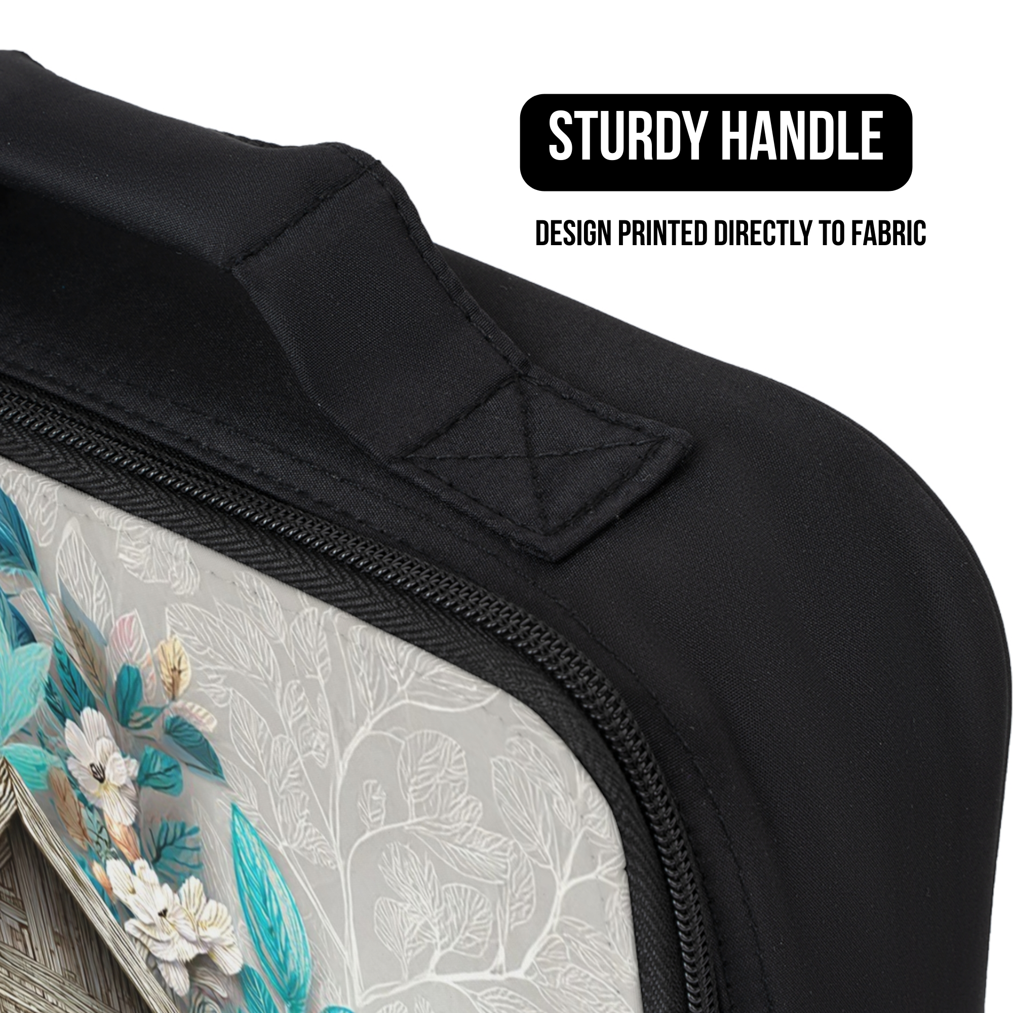 Black lunch bag with floral bird house design and text about a sturdy handle and printed fabric.