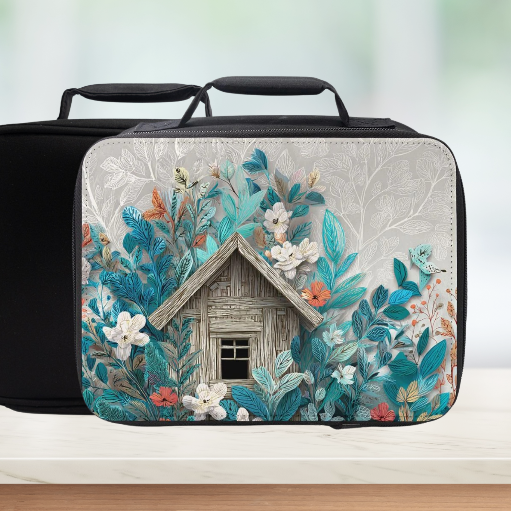 Lunch bag with floral design and small bird house illustration on a white surface