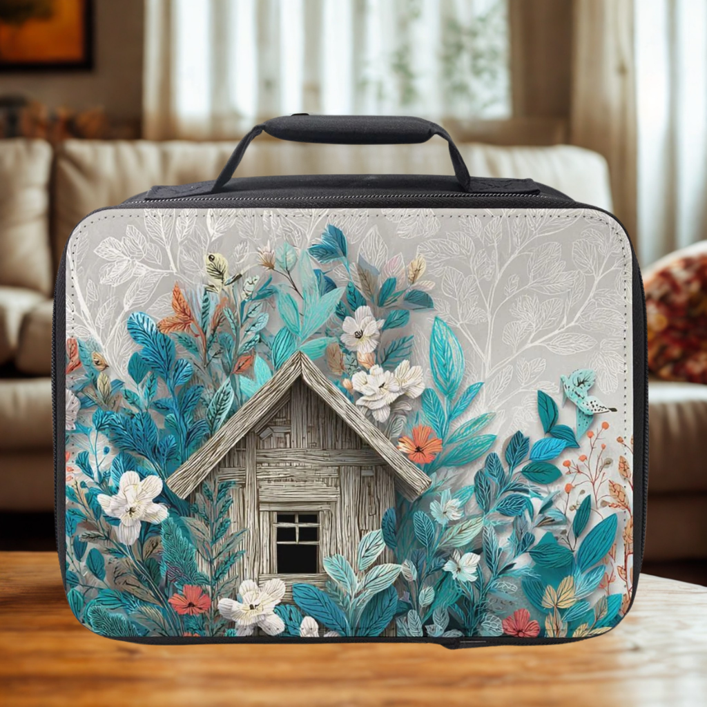  insulated lunch bag with floral and cabin design on a wooden coffee table in a cozy living room.