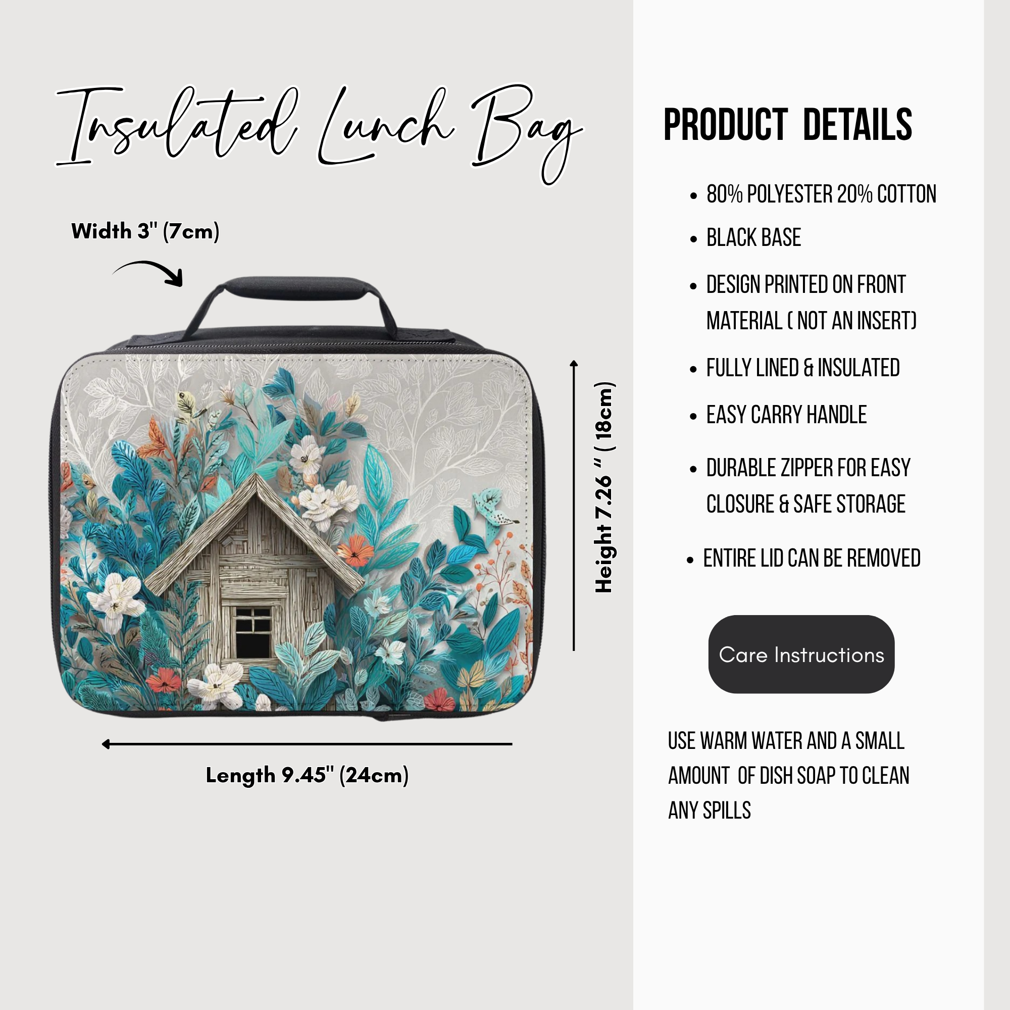 Insulated lunch bag with floral bird house design and product details on a white background