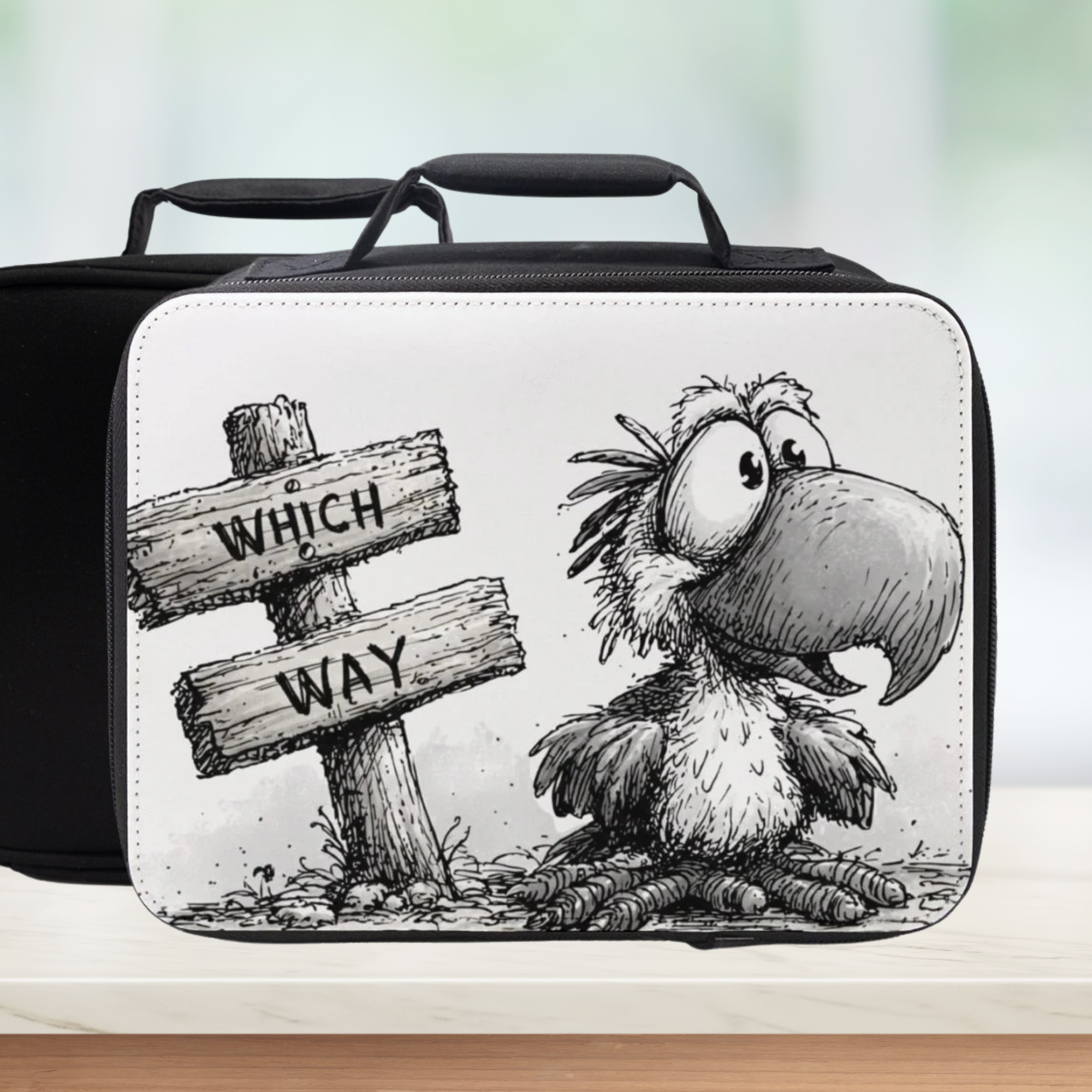 Black and white illustration of a bird and signpost on a lunch bag.