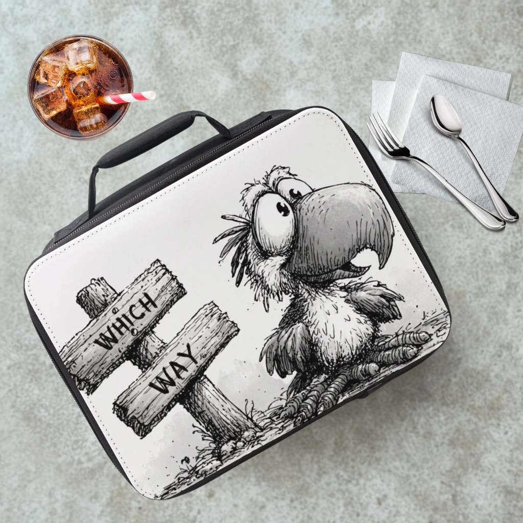 Lunch bag with a cartoon bird design and 'Which Way' text on a cafeteria table with a drink and utensils.