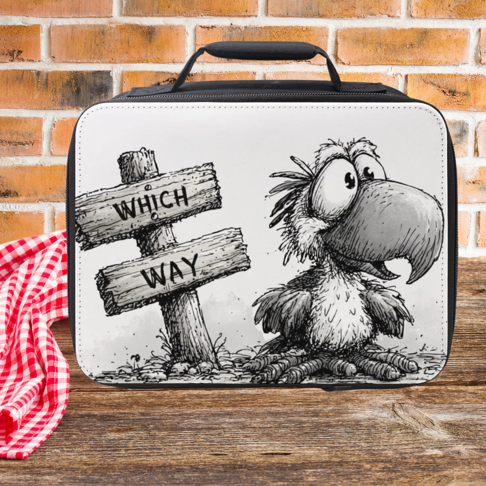Lunch bag with a cartoon parrot and 'Which Way' sign on a brick wall background