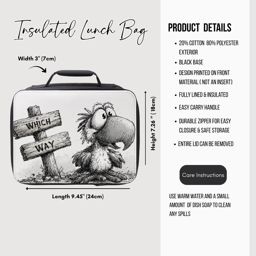 Insulated lunch bag with cartoon bird design and product details on a white background