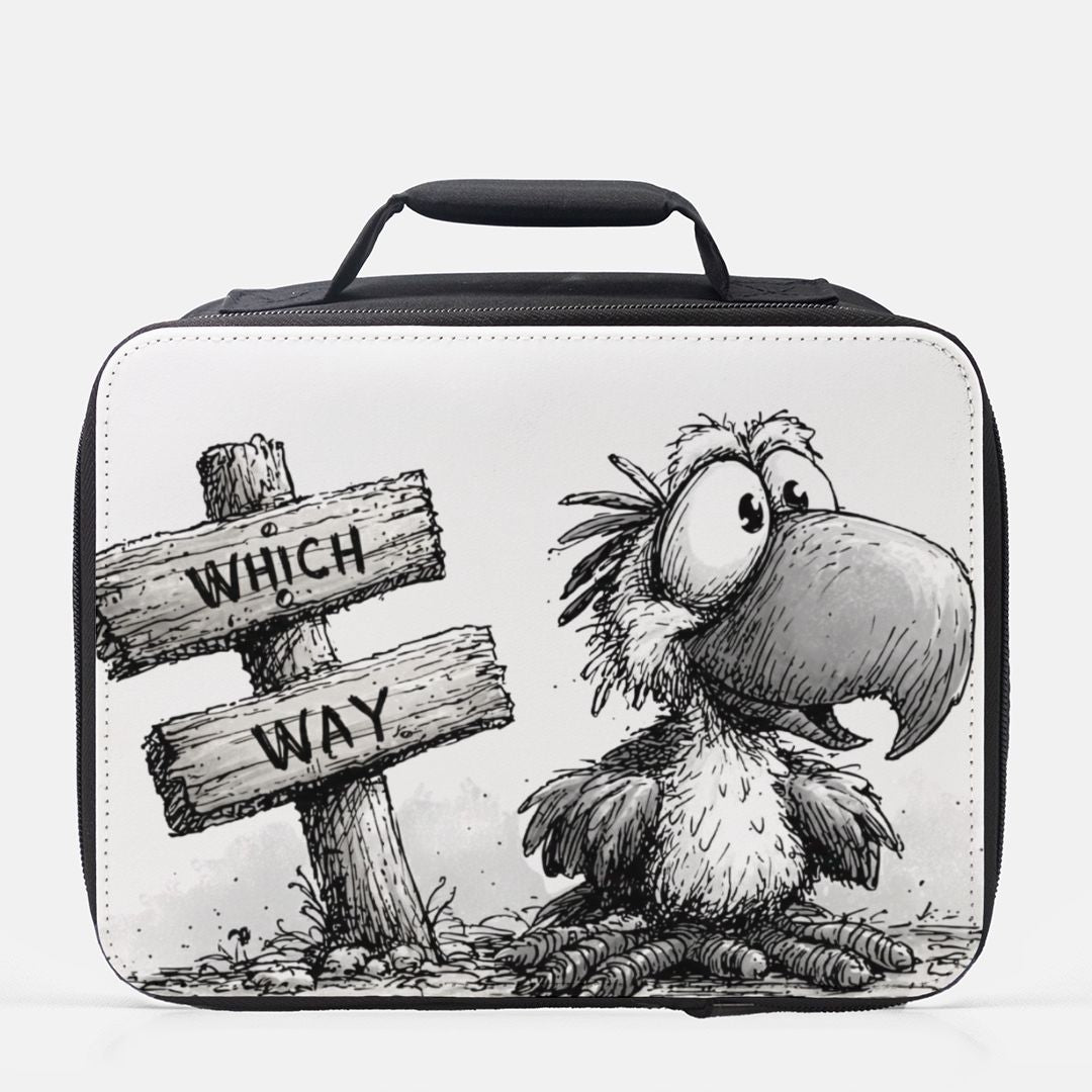 Lunch bag with cartoon character parrot and 'Which Way' sign design on a white background