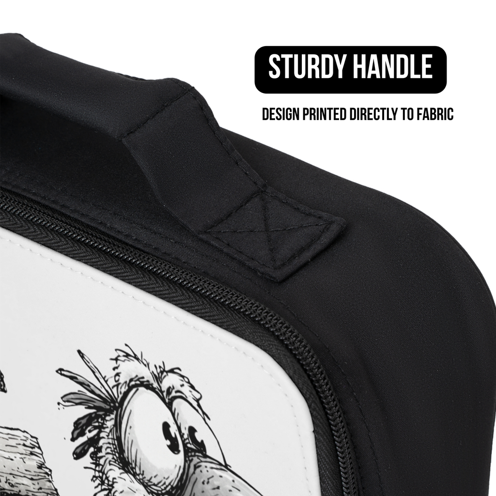 Black lunch bag with a parrot design printed directly to fabric and sturdy handle on a white background