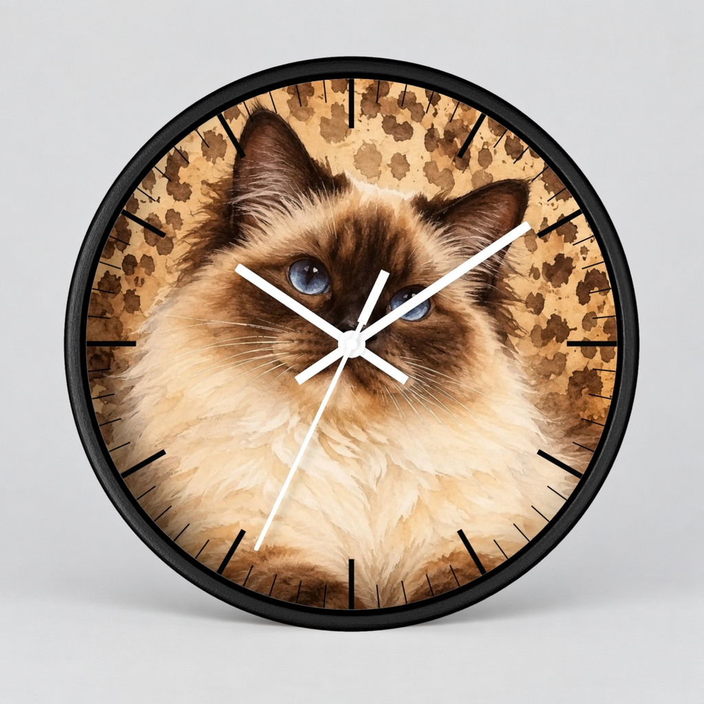 Cheetah Print Birman Cat Wood Wall Clock