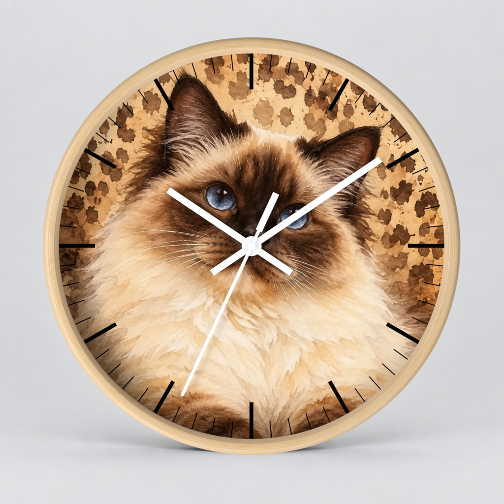 Cheetah Print Birman Cat Wood Wall Clock