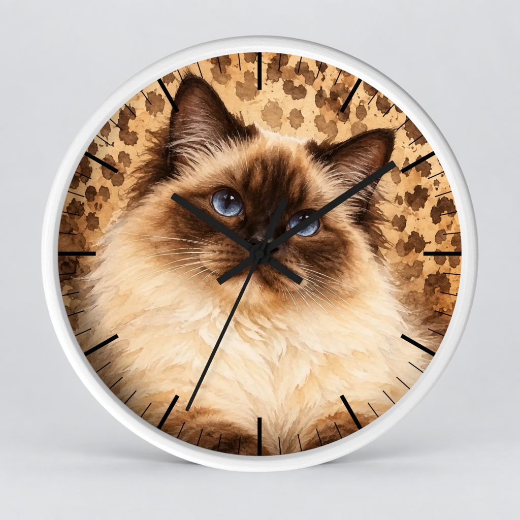 Cheetah Print Birman Cat Wood Wall Clock