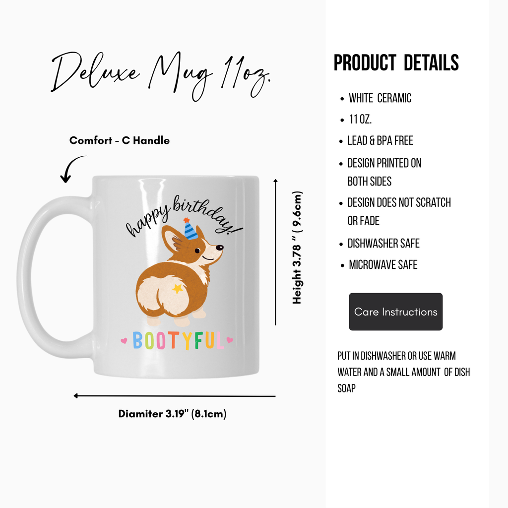 White ceramic mug with a dog design and text, featuring product details on a white background.