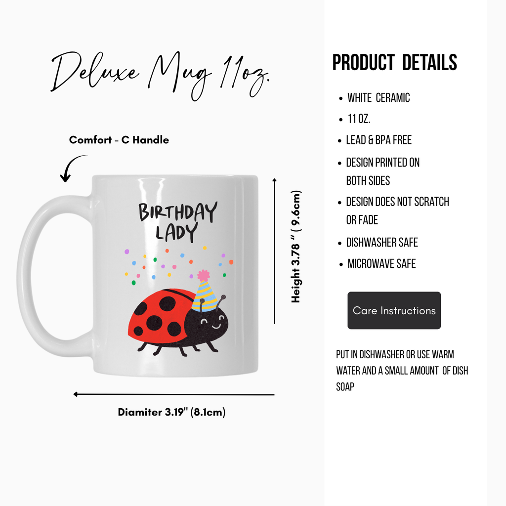White ceramic mug with 'Birthday Lady' design and measurements on a white background