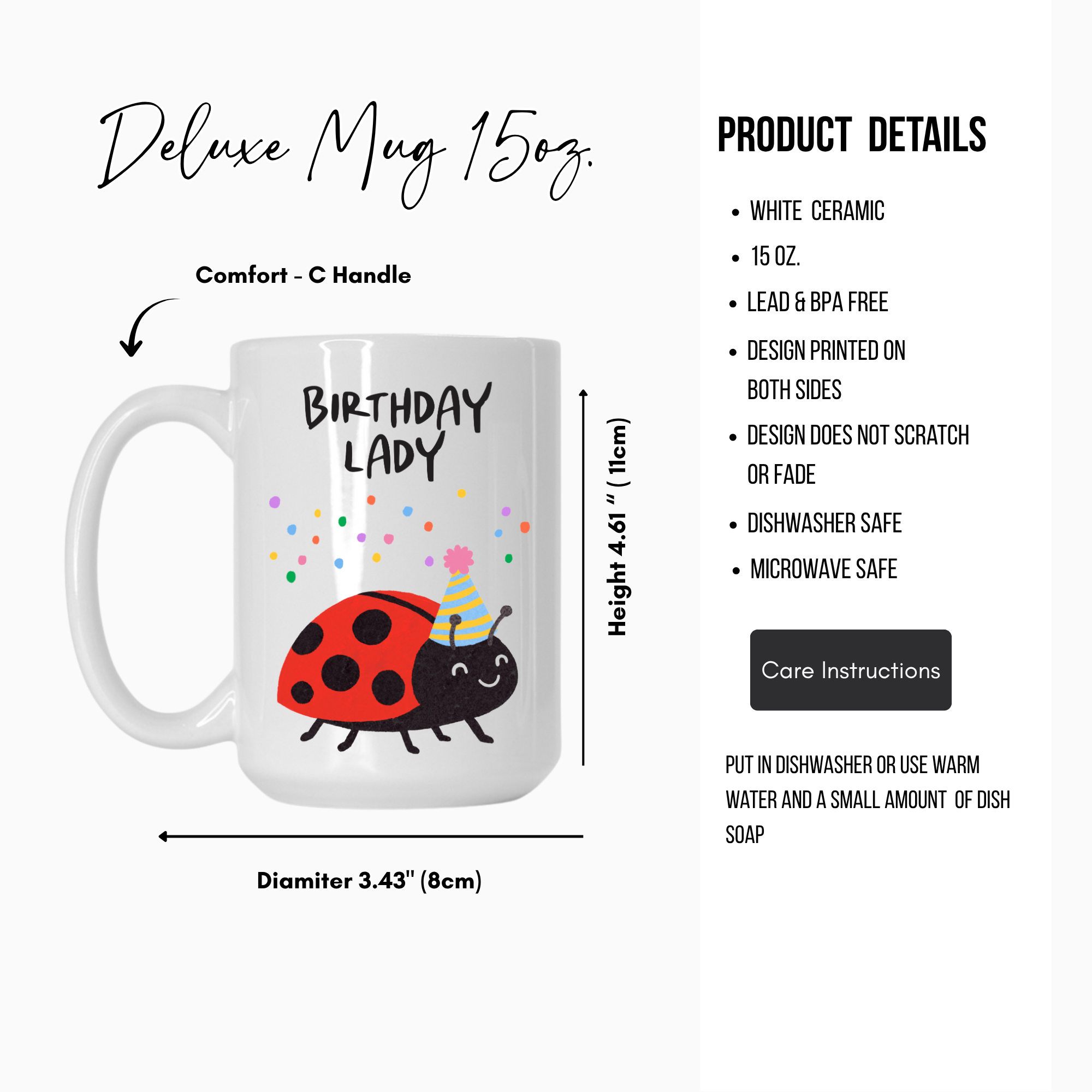 White mug with a ladybug design and 'Birthday Lady' text, featuring product details on a white background.