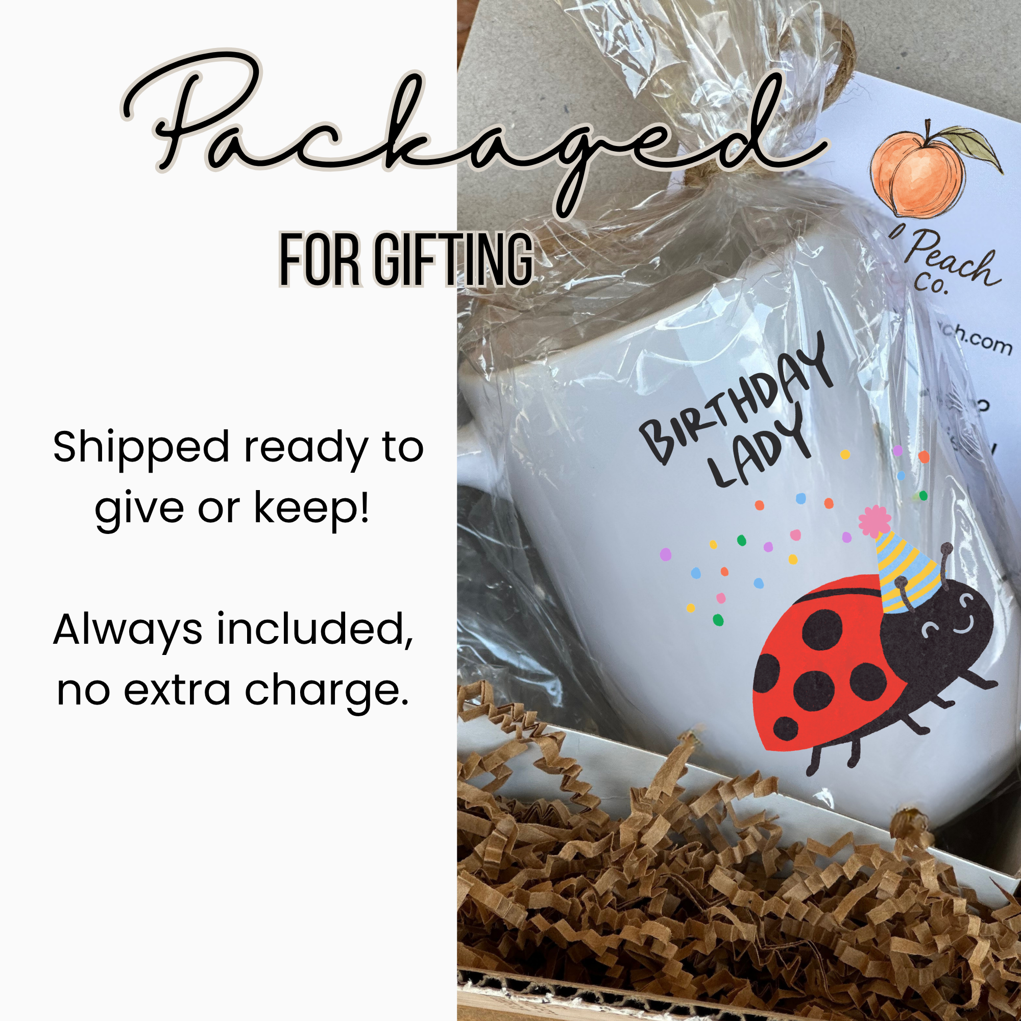 Gift-wrapped mug with 'Birthday Lady' and ladybug design, labeled 'Artful Peach Co'.