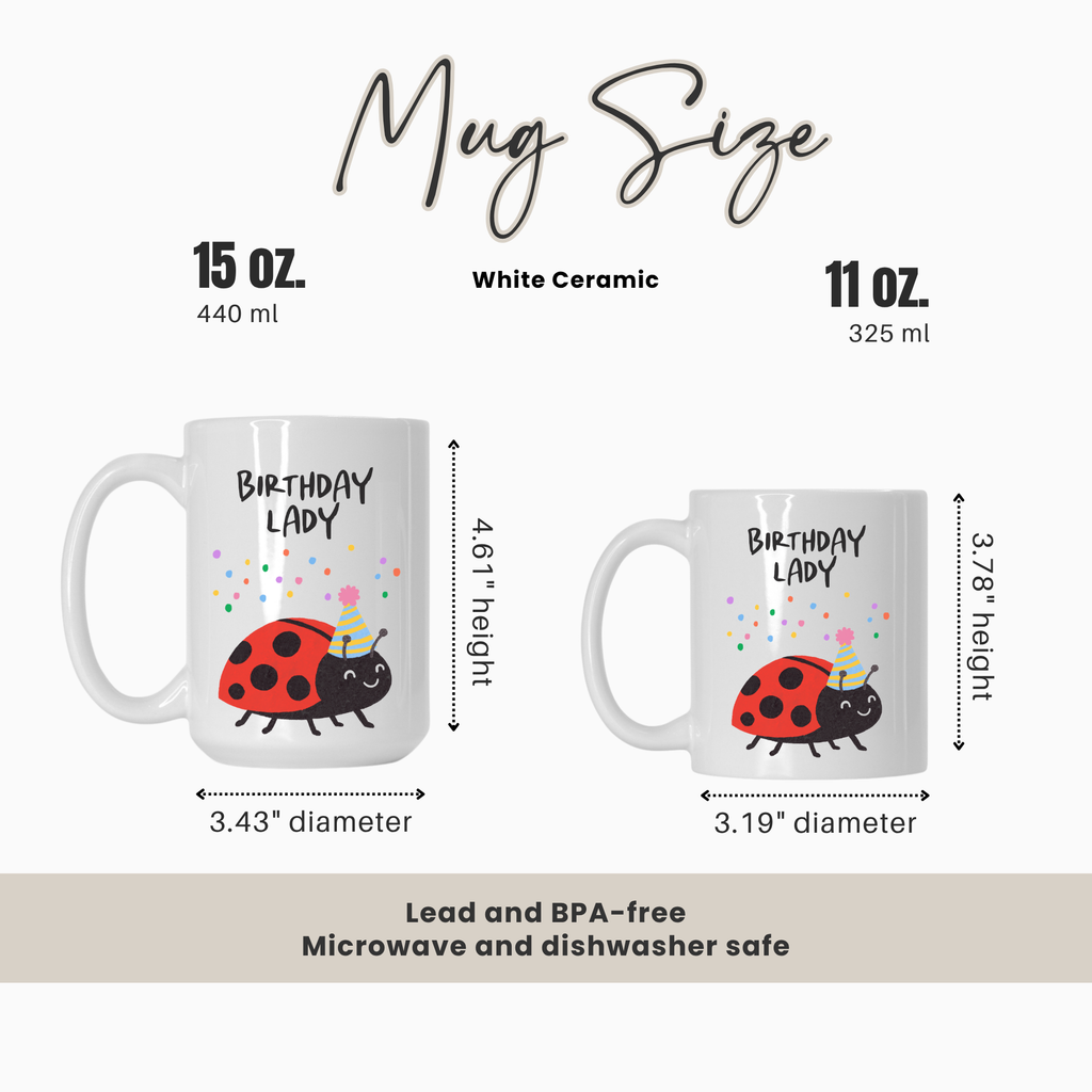 Two mugs with ladybug design and text, showing size comparison and features.