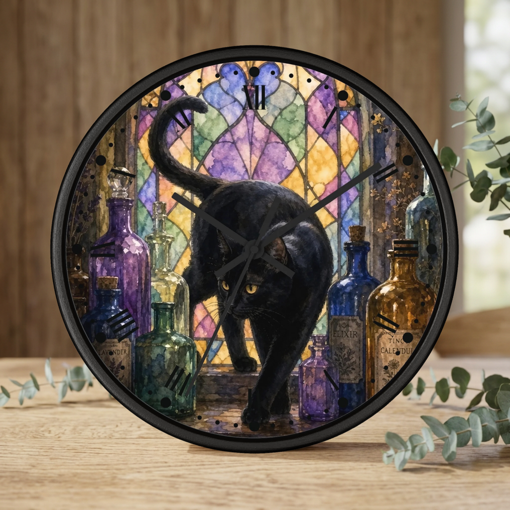 Round wall clock with a black cat walking in front of a stained-glass-style multicolor background, surrounded by illustrated bottles, displayed on a wooden surface with eucalyptus leaves.