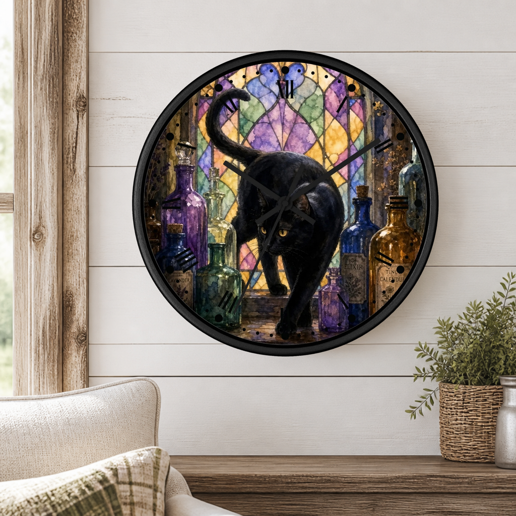 Round wall clock with a black cat walking among colorful glass bottles in front of a stained-glass-style background, mounted on a white shiplap wall above a wooden surface with a chair and plant nearby.