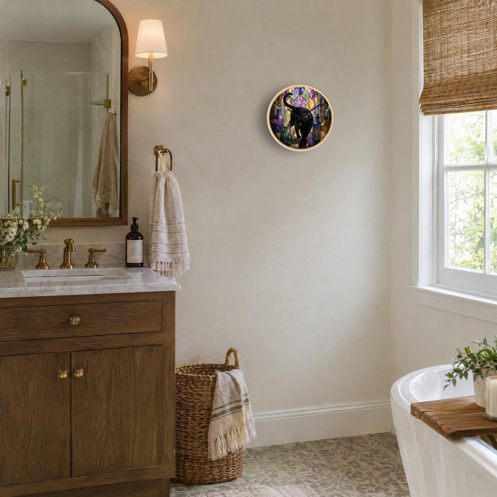 A round wall clock with a colorful stained-glass style design featuring a black cat, mounted on a beige wall in a styled bathroom next to a wooden vanity and window.