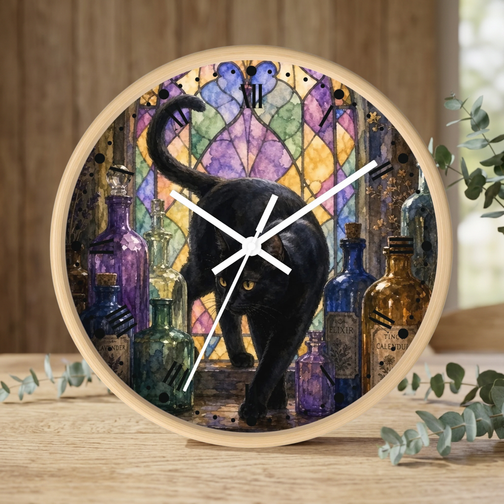 Round wooden clock with a colorful stained-glass-style illustration of a black cat walking among purple and amber bottles, shown standing on a wooden surface with eucalyptus leaves around it.