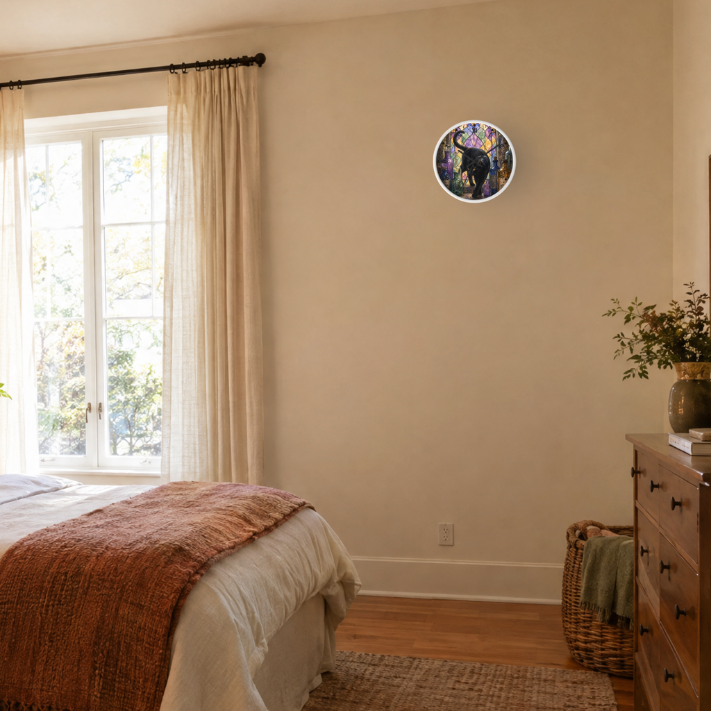A round wall clock with a colorful stained-glass style design featuring a black cat, mounted on a beige wall in a bedroom setting.