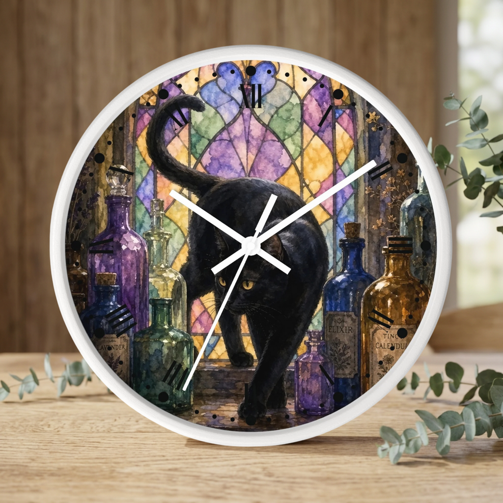 A round wall clock with a white frame and black cat artwork in front of a stained-glass-style background, shown standing on a wooden surface with eucalyptus leaves around it.