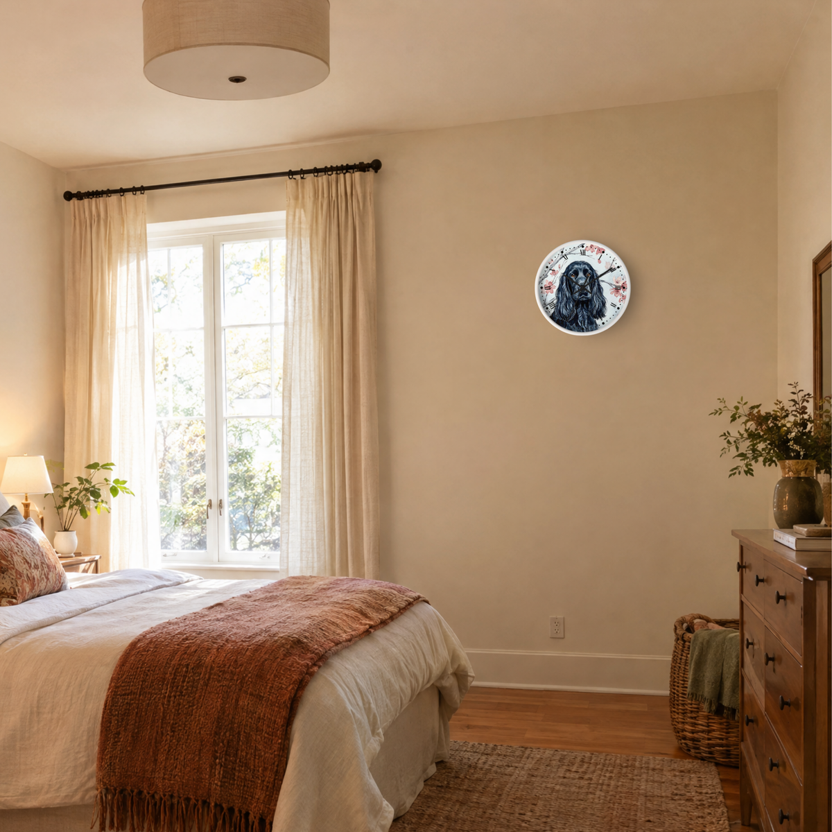 A round wall clock featuring a black and white Corgi portrait, mounted on a beige wall in a styled bedroom setting with a bed, window, and wooden dresser.