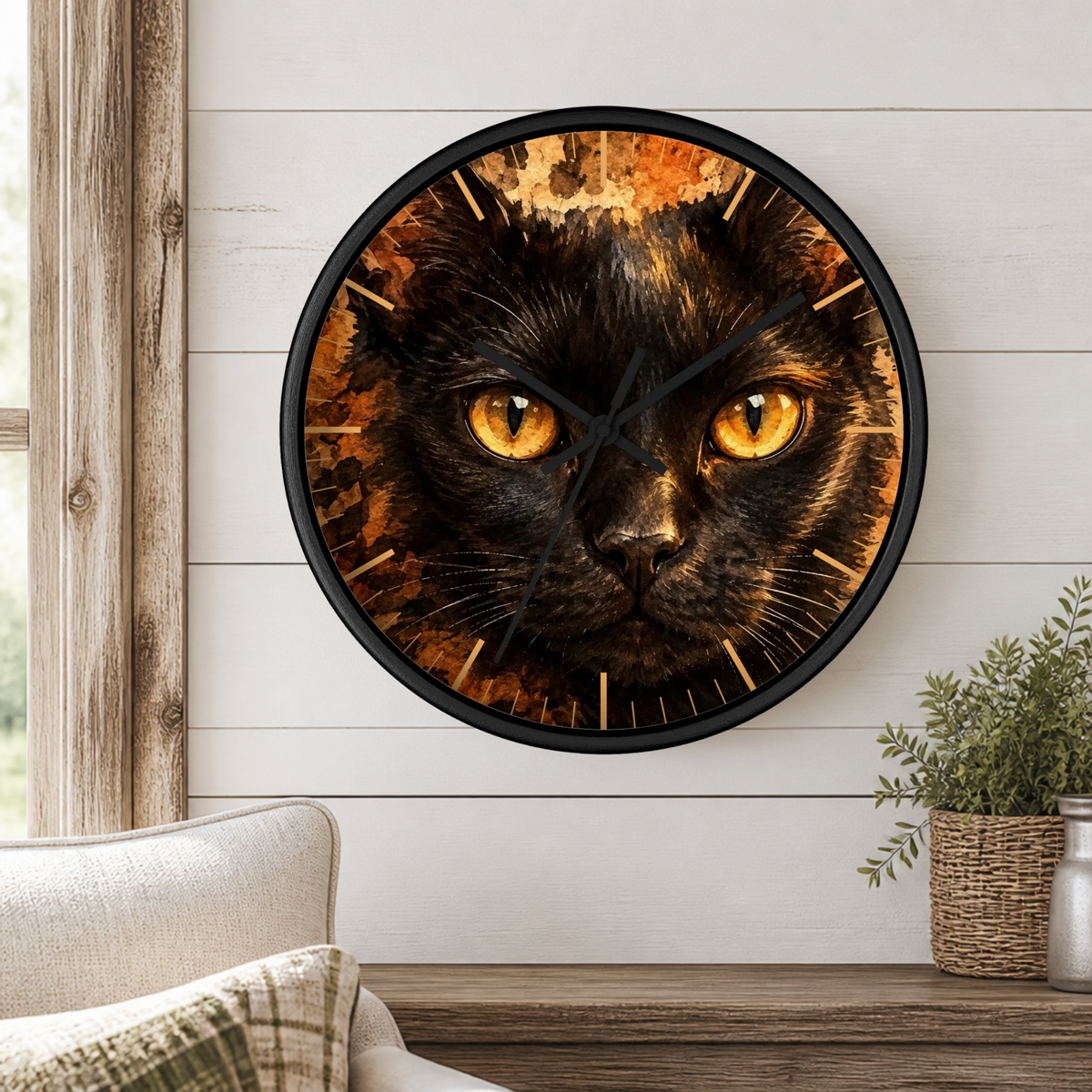 Round wall clock featuring a close-up portrait of a black cat with glowing amber eyes, mounted on a white shiplap wall above a wooden console table with a plant and part of a sofa visible.