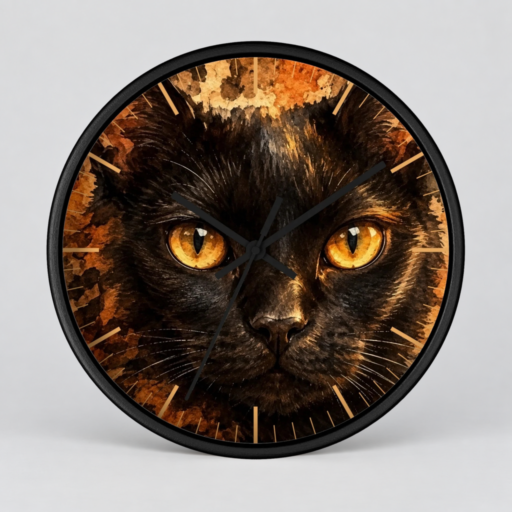 Watercolor Black Cat Wood Wall Clock - Cheetah Print Background