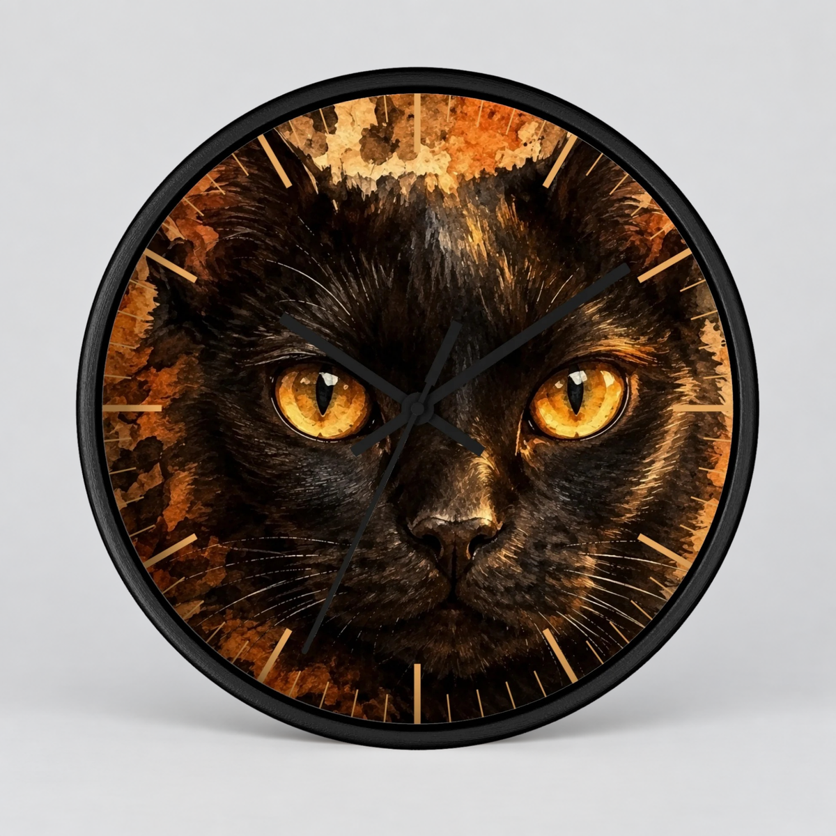 Watercolor Black Cat Wood Wall Clock - Cheetah Print Background