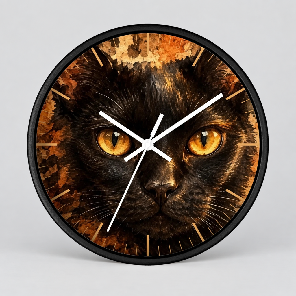 Watercolor Black Cat Wood Wall Clock - Cheetah Print Background